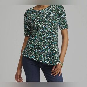 CHICO’S Green Blue White Tencel Asymmetrical Hem Pattern Short Sleeve Size Large